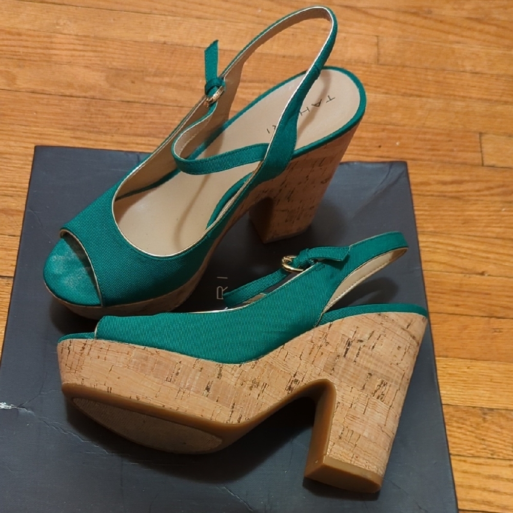 Tahari Green Wedge Sandals with Cork Heel